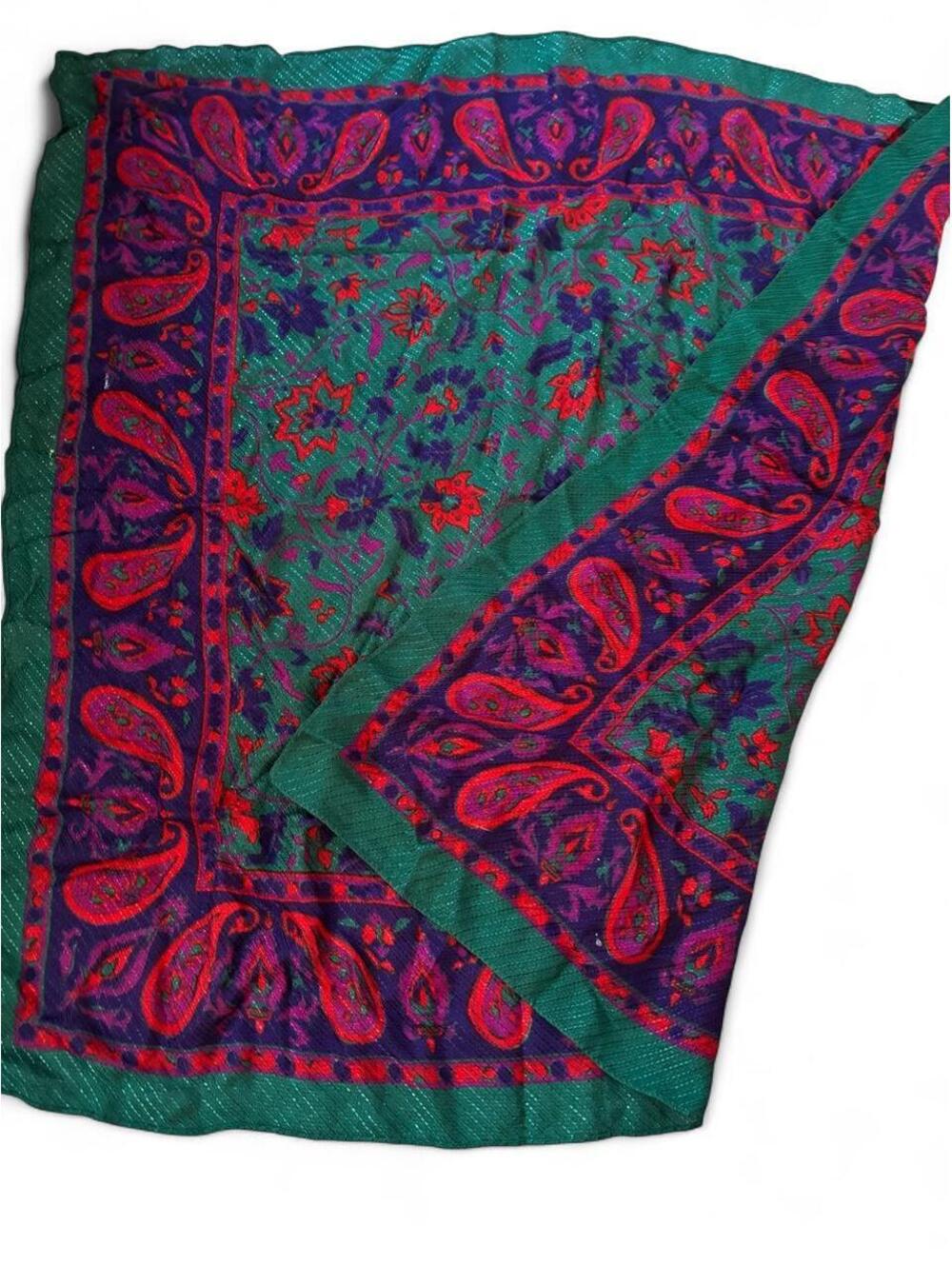 VTG 80s 90s Jewel Tone Paisley Metallic Woven Square Scarf
